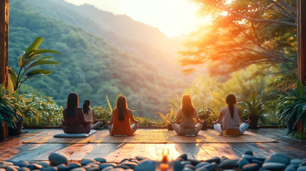 Best Places to Travel in 2026: Wellness retreat setting, with people engaging in yoga, meditation and healthy dining options. Promoting holistic well-being and self-care in tranquil environment with mountains